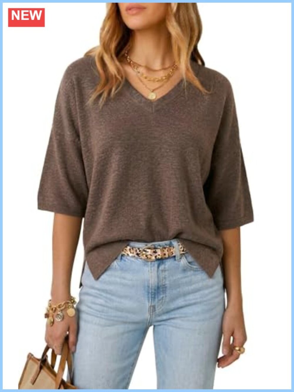 Wool Blend Oversized V-Neck Elbow Sleeve Sweater